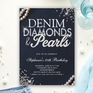 Denim Diamonds Pearls Chic Classy Elegant Birthday Invitation