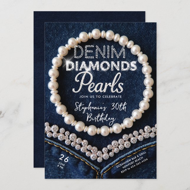 Denim Diamonds Pearls Chic Classy Modern Birthday Invitation (Front/Back)