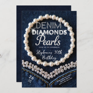 Denim Diamonds Pearls Chic Classy Modern Birthday Invitation