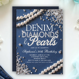Denim Diamonds Pearls Chic Classy Stylish Birthday Invitation
