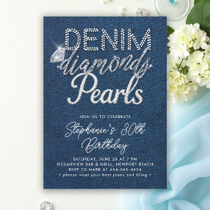 Denim Diamonds Pearls Chic Type Classy Birthday Invitation