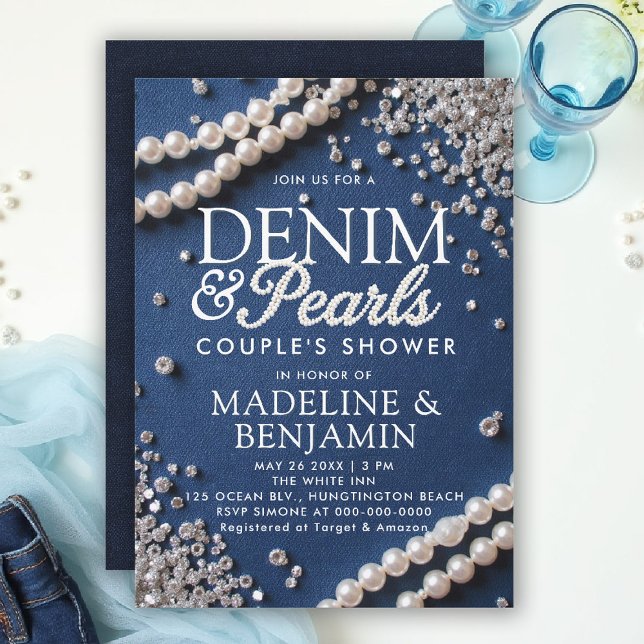 Denim Diamonds Pearls Elegant Type Couple Shower Invitation (denim and pearls couple wedding shower invitation coed jack jill blue white elegant modern classy)