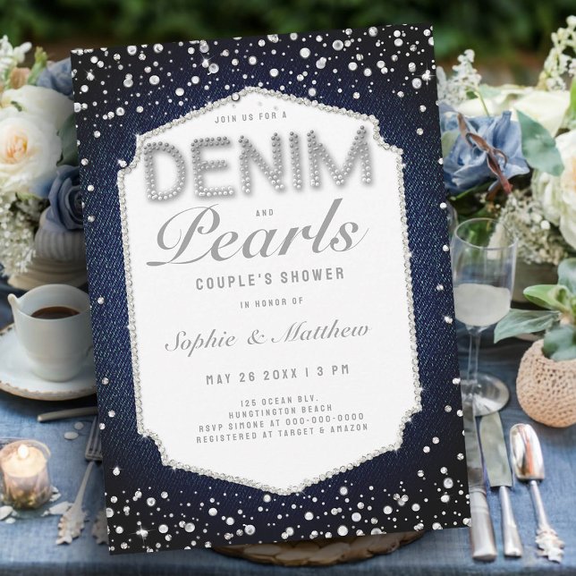 Denim Diamonds Pearls Frame Elegant Wedding Shower Invitation (wedding shower ideas denim diamonds pearls invitations coed jack jill couples blue white casual)