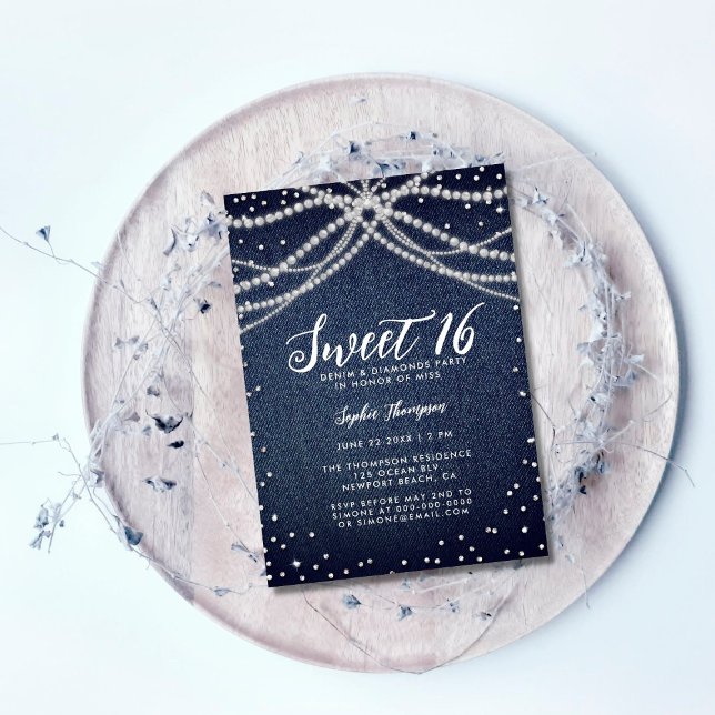 Denim Diamonds Pearls Sweet 16 Chic Birthday Party Invitation (Creator Uploaded)