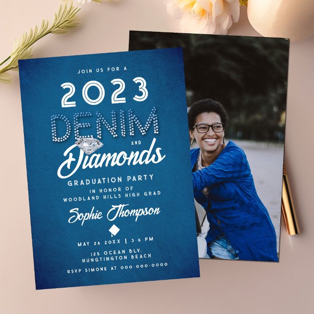 Denim Diamonds Photo Modern Chic Graduation Party Invitation (Creator Uploaded)