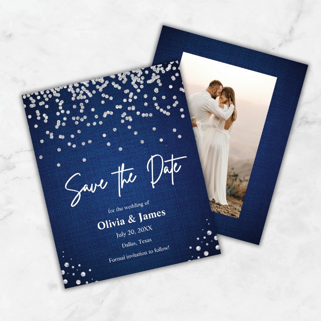 Denim & Diamonds Photo Wedding Save the Date Card  (Budget Modern Elegant Denim and Diamonds Photo Wedding Save The Date Card )