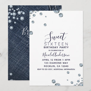 Denim & Diamonds Pocket Birthday Sweet 16 Party Invitation