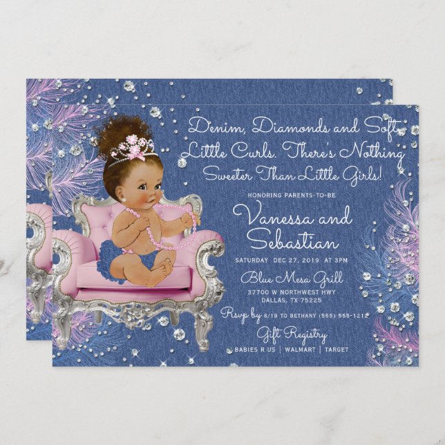 Denim & Diamonds Princess Pink and Silver Invitation (Front/Back)