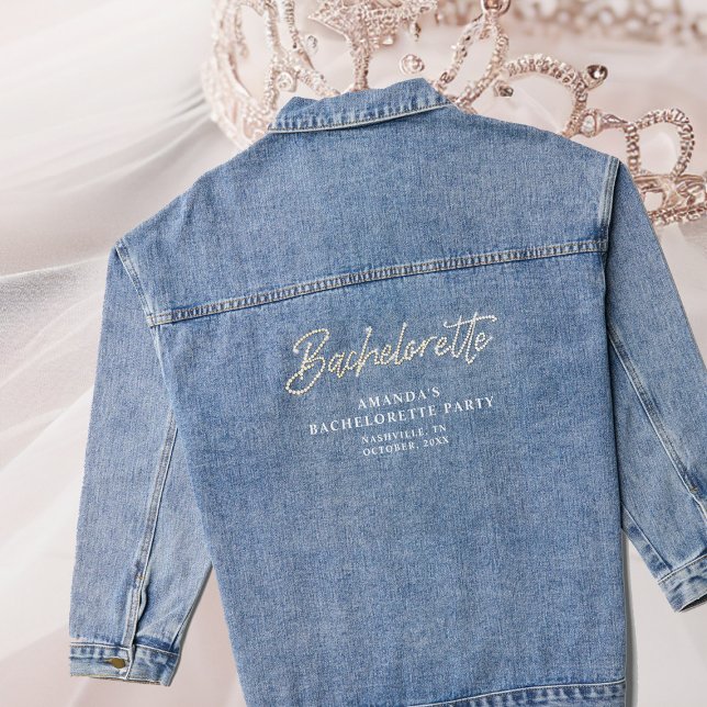Denim Diamonds Rhinestones Custom Bachelorette  Denim Jacket (personalized denim jacket bachelorette party bride rhinestones bling script blue white name custom)