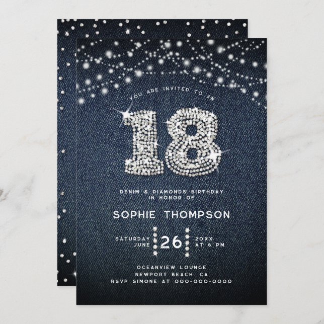 Denim Diamonds Rhinestones Elegant 18th Birthday Invitation (Front/Back)