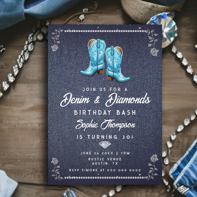 Denim Diamonds Rustic Cowgirl Boots Birthday Party Invitation (denim diamonds birthday party for women rustic glam blue cowgirl boots elegant classy bling roses)