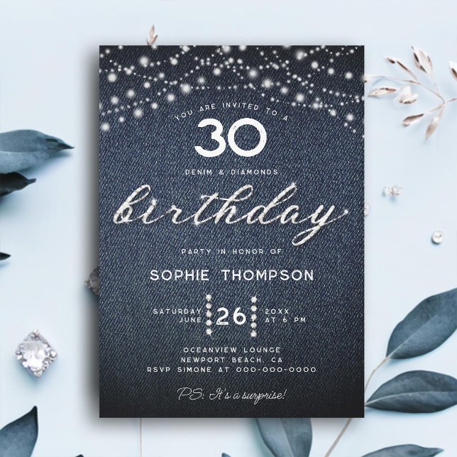Denim Diamonds Rustic Lights 30th Birthday Party Invitation (denim diamonds 30th birthday invitation women rustic lights elegant modern classy modern boho)