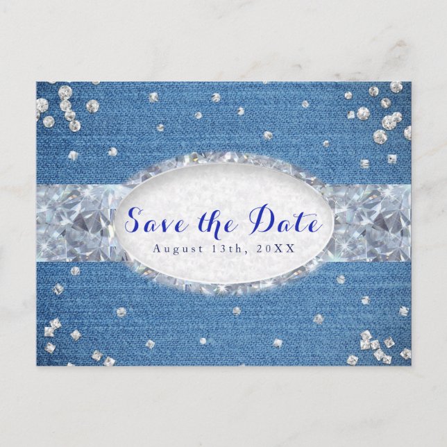 Denim & Diamonds Scattered Bling Save the Date Announcement Postcard (Front)