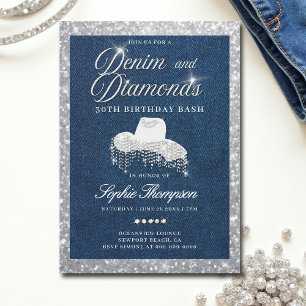 Denim Diamonds Script Bling 30th Birthday Party Invitation