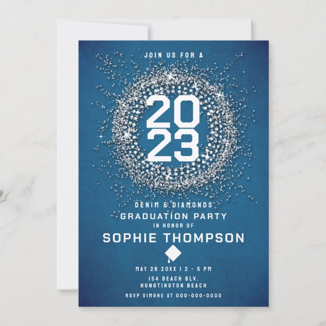 Denim Diamonds Starburst Blue Graduation Party Invitation (Front)