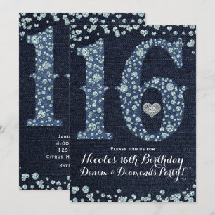 Denim & Diamonds Sweet 16 16th Birthday Party Invitation