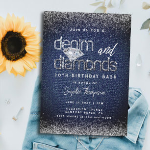Denim Diamonds Typography Chic 30th Birthday Party Invitation
