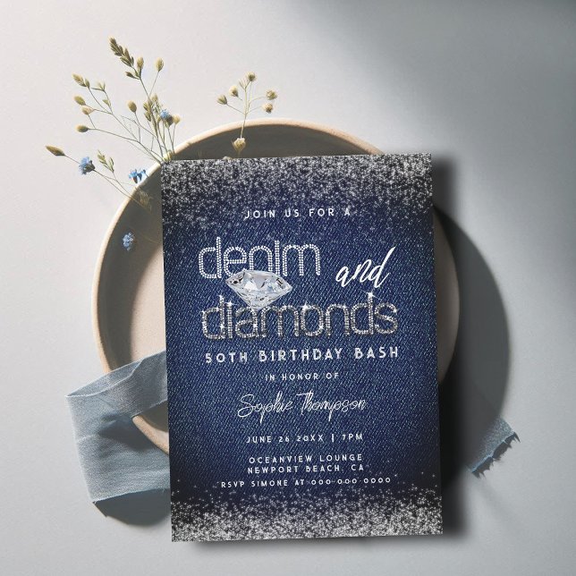 Denim Diamonds Typography Chic 50th Birthday Party Invitation (denim diamonds 50th birthday invitation for women elegant classy bling queen dramatic)