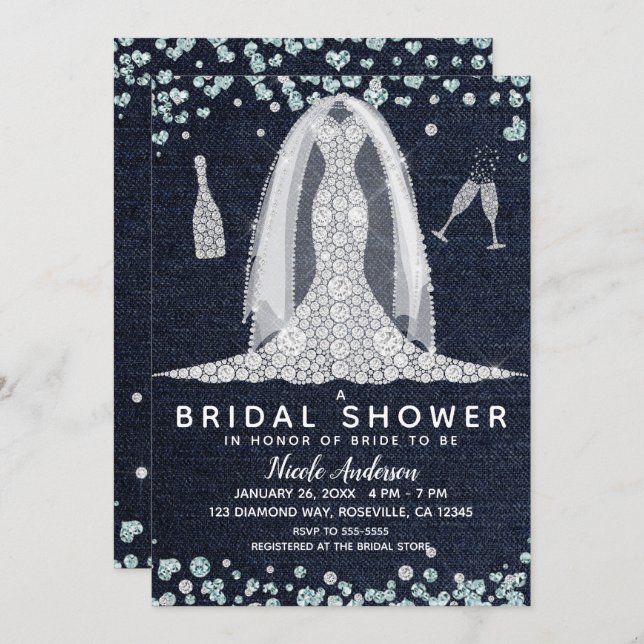 Denim & Diamonds Wedding Dress Bridal Shower Glam Invitation (Front/Back)