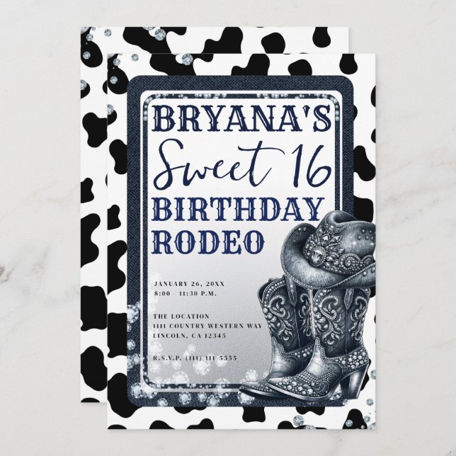 Denim & Diamonds Western Glam Cowgirl Sweet 16 Invitation (Front/Back)