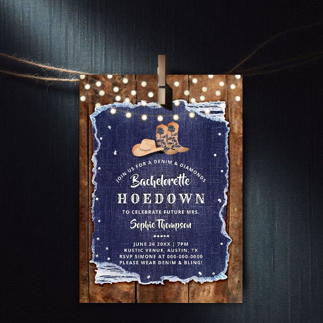 Denim Diamonds Western Rustic Hoedown Bachelorette Invitation (denim and diamonds bachelorette party invitation rustic wood blue white cowgirl boots hat hoedown)