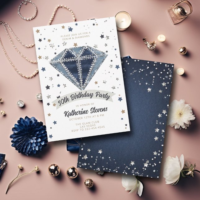 Denim Diamonds White Blue Glitter 30th Birthday Invitation (denim diamonds 30th birthday party invitation women white blue jeans rhinestones glitter star classy)