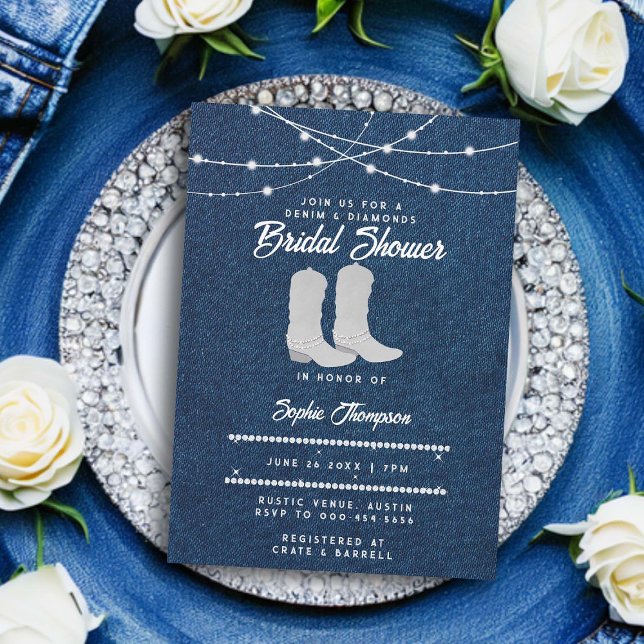 Denim Diamonds White Boots Lights Bridal Shower Invitation (denim and diamonds bridal shower invitation classy bling cowgirl boots string lights rustic chic)