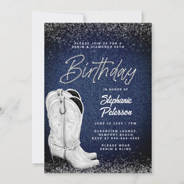 Denim Diamonds White Cowgirl Boots 50th Birthday Invitation (Front)