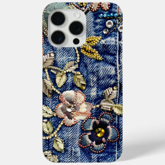 Denim Dreamland Flourish: Rhinestone-Enhanced Blue iPhone 15 Pro Max Case