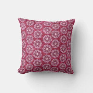 Denim effect and red pink flowers pillow