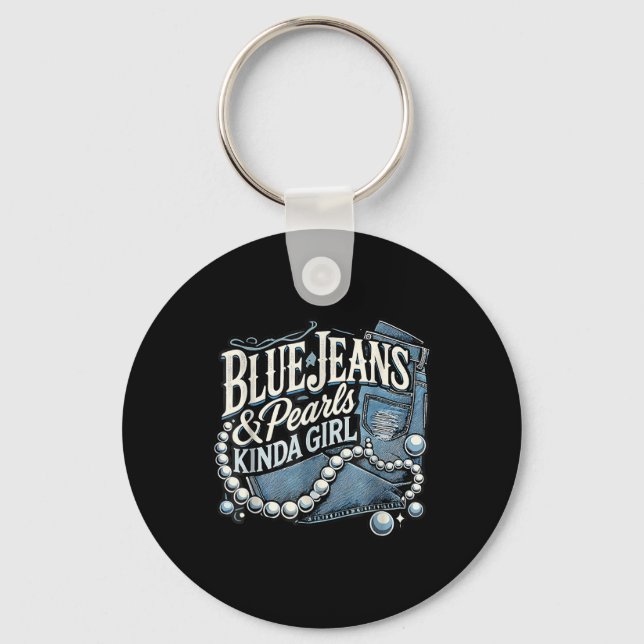 Denim Fabric Blue Jeans Pearls Skinny Jeans Lover  Key Ring (Front)