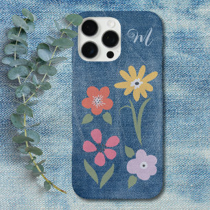 Denim Fabric Floral Monogram iPhone 16 Pro Max Case