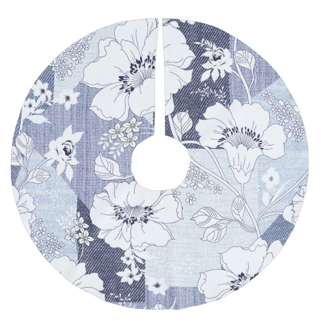Denim flower patchwork, seamless pattern. brushed polyester tree skirt (Front)