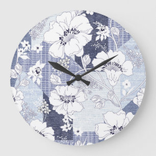 Denim flower patchwork, seamless pattern. large clock