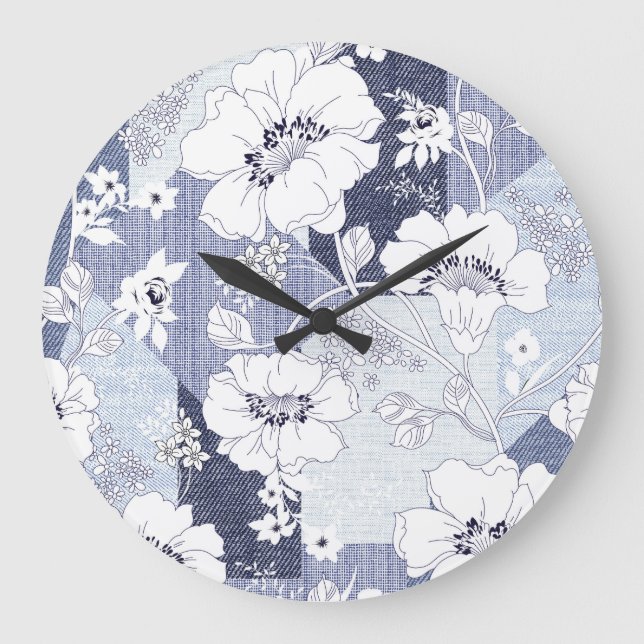 Denim flower patchwork, seamless pattern. large clock (Front)