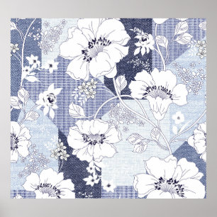 Denim flower patchwork, seamless pattern. poster