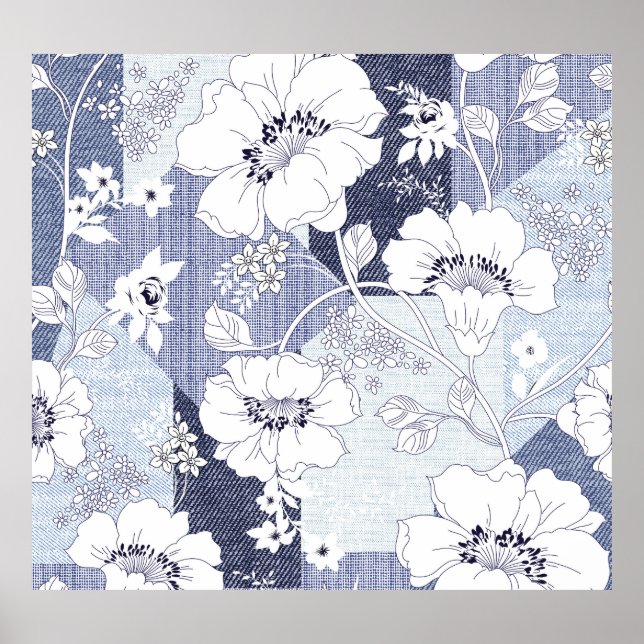 Denim flower patchwork, seamless pattern. poster (Front)