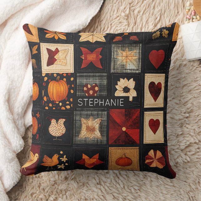 Denim Folk Art Quilt Pattern | Rustic Autumn Patch Cushion (Blanket)