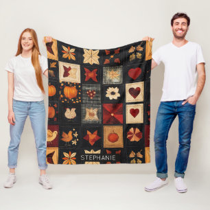 Denim Folk Art Quilt Pattern Rustic Autumn Patch Fleece Blanket
