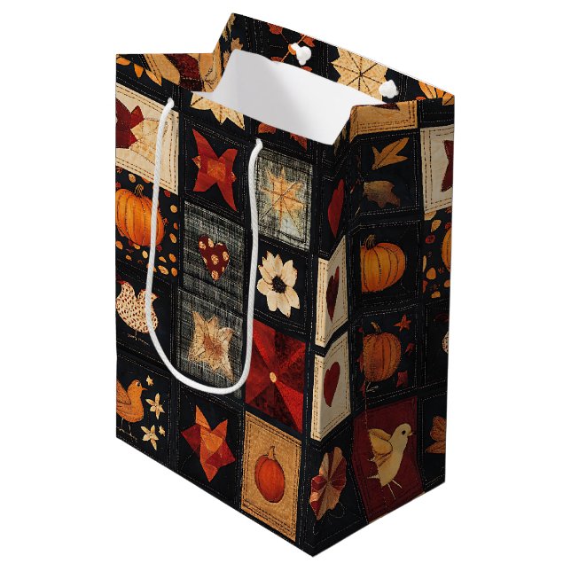 Denim Folk Art Quilt Pattern | Rustic Autumn Patch Medium Gift Bag (Front Angled)