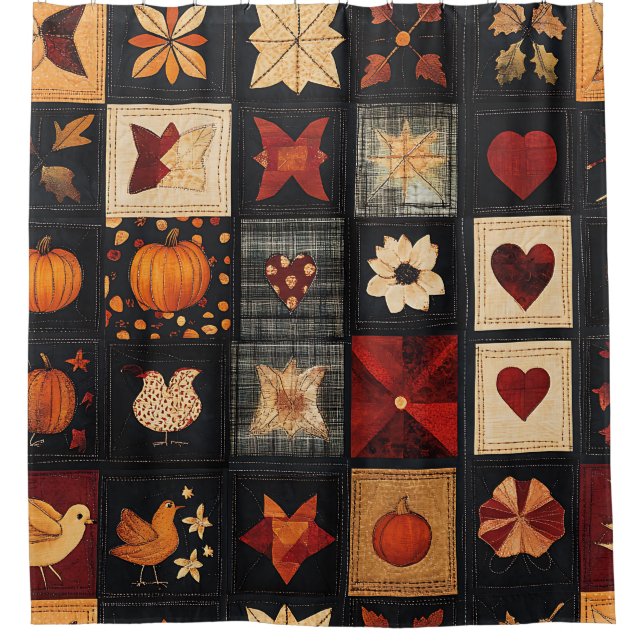 Denim Folk Art Quilt Pattern | Rustic Autumn Patch Shower Curtain (Front)