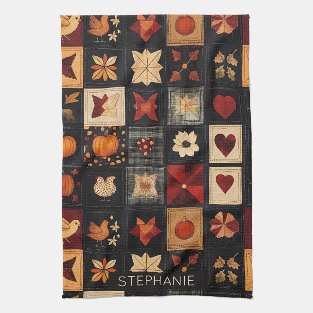 Denim Folk Art Quilt Pattern | Rustic Autumn Patch Tea Towel (Vertical)