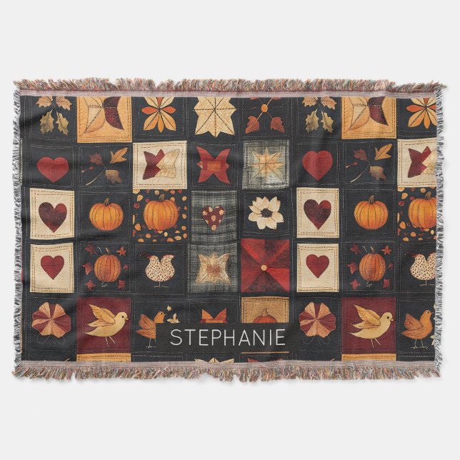 Denim Folk Art Quilt Pattern | Rustic Autumn Patch Throw Blanket (Front)