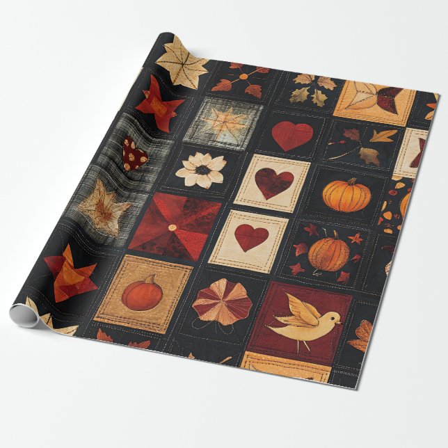 Denim Folk Art Quilt Pattern | Rustic Autumn Patch Wrapping Paper (Unrolled)