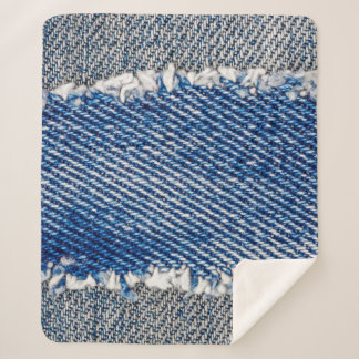 Denim frame. Ripped denim fabric with fringe edge  Sherpa Blanket