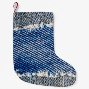 Denim frame. Ripped denim fabric with fringe edge Small Christmas Stocking