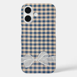 Denim Gingham With White Bow iPhone 16 Case