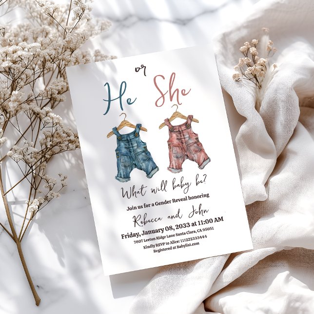 Denim He or She Clothesline Gender Reveal Party Invitation (Creator Uploaded)