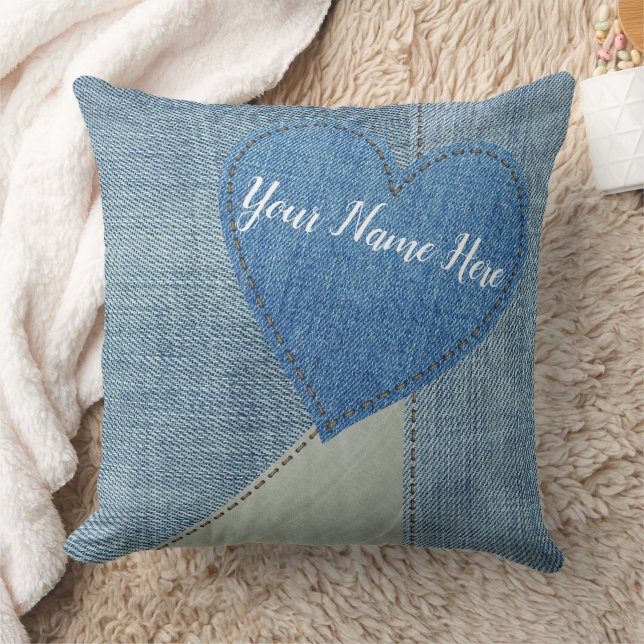 Denim Heart Patch Pillow (Blanket)