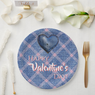 Denim Heart Valentine's Day Party Plaid  Paper Plate